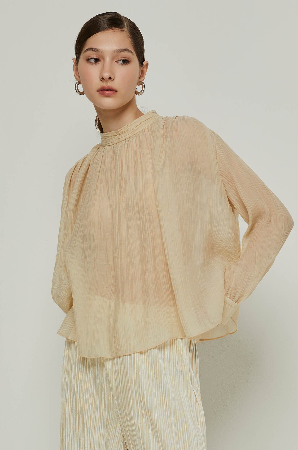 DRAPED MOCK NECK BLOUSE Brown / XL