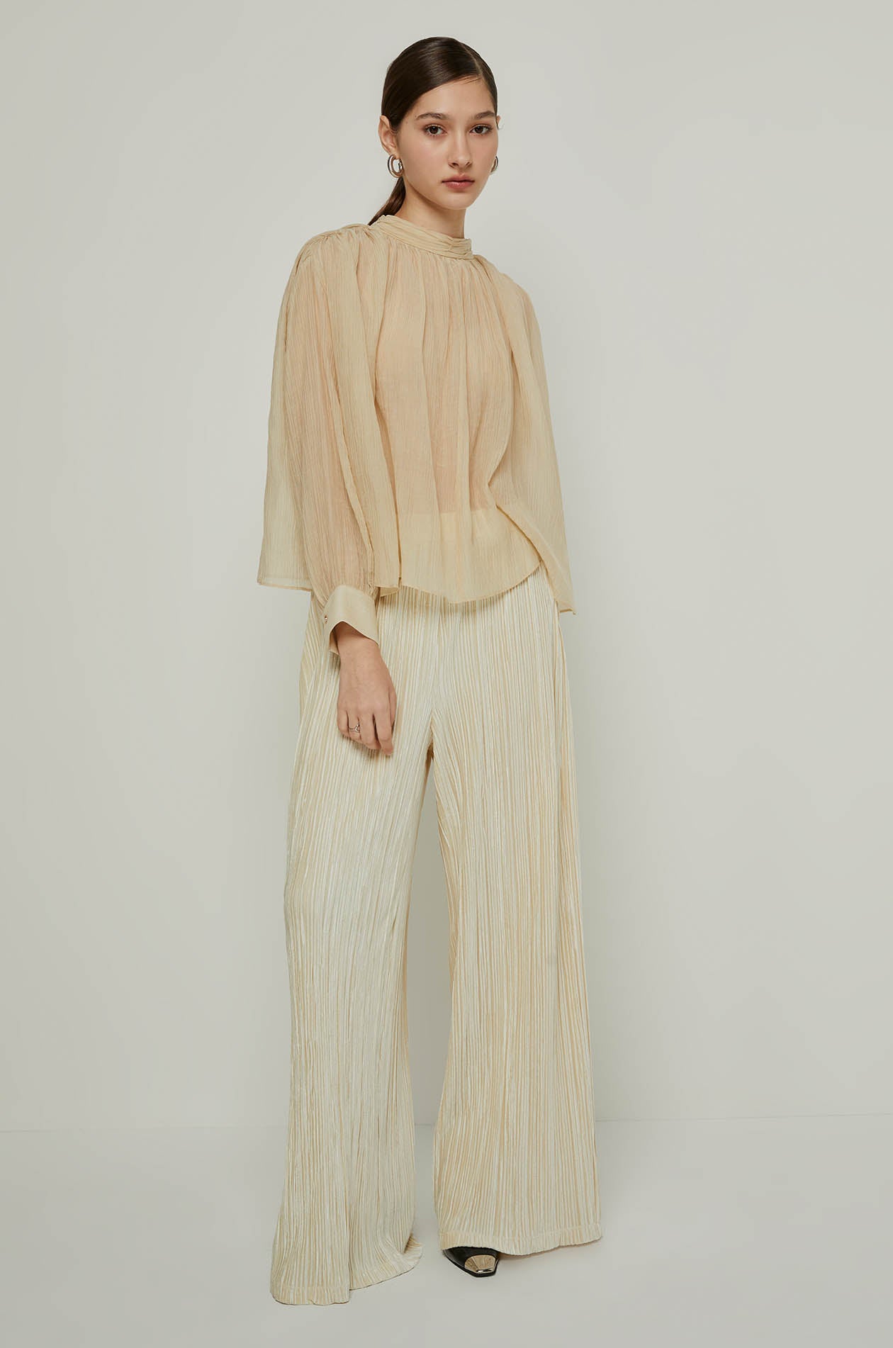 DRAPED MOCK NECK BLOUSE Brown / XL