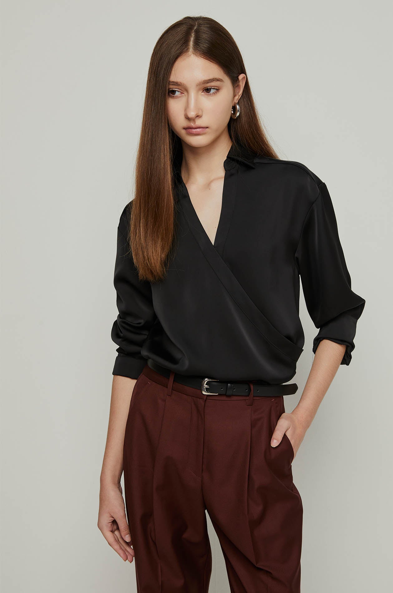 FRONT WRAP SATIN LONG SLEEVE BLOUSE