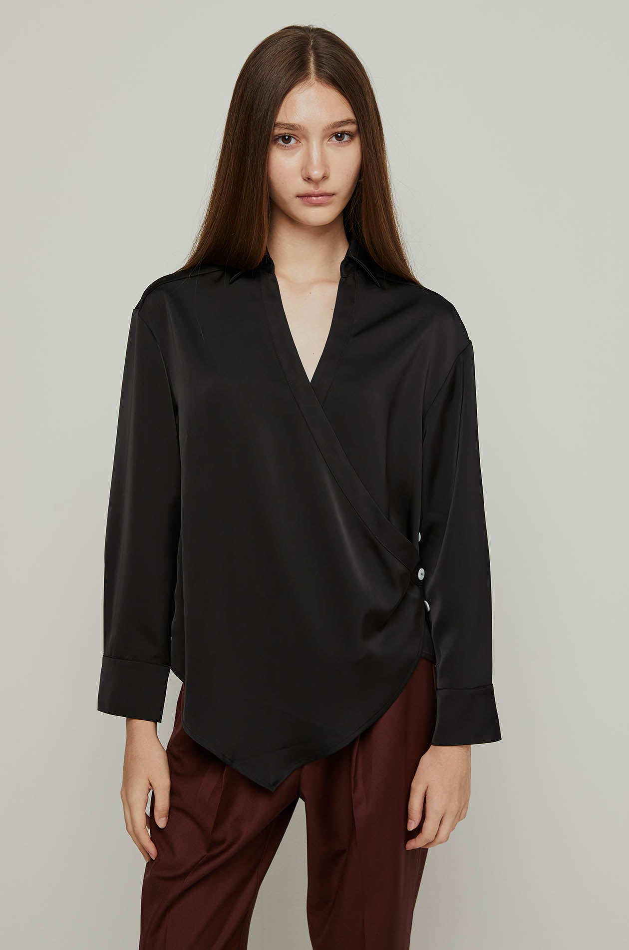 FRONT WRAP SATIN LONG SLEEVE BLOUSE