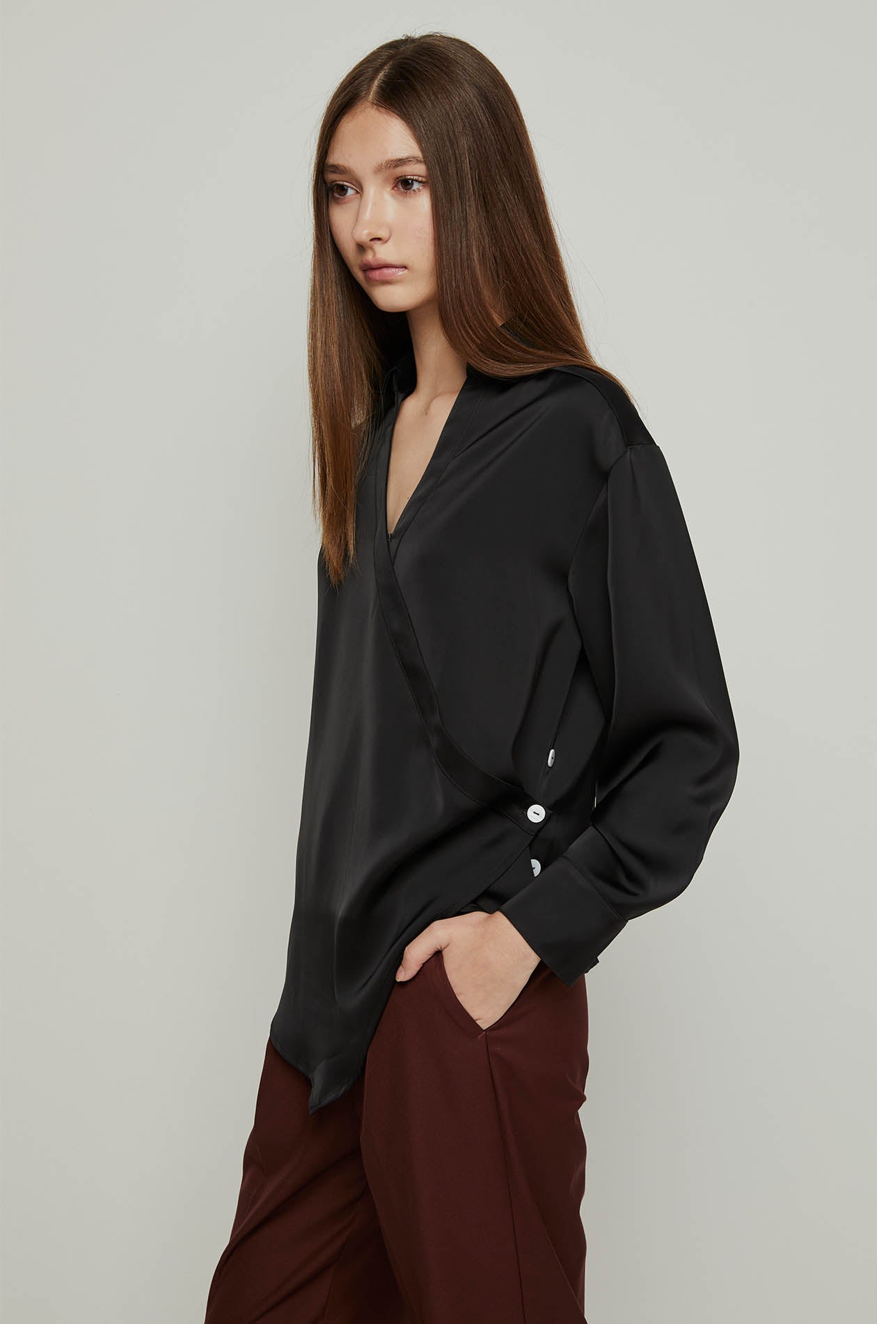 FRONT WRAP SATIN LONG SLEEVE BLOUSE