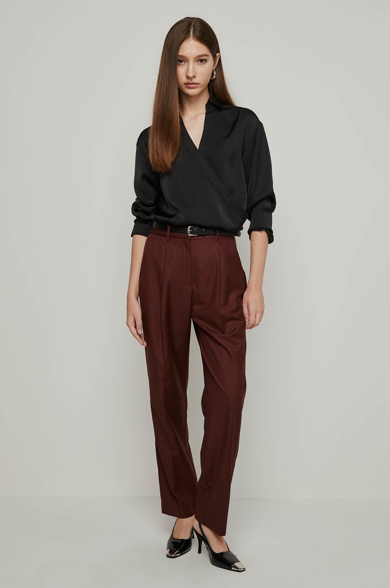 FRONT WRAP SATIN LONG SLEEVE BLOUSE