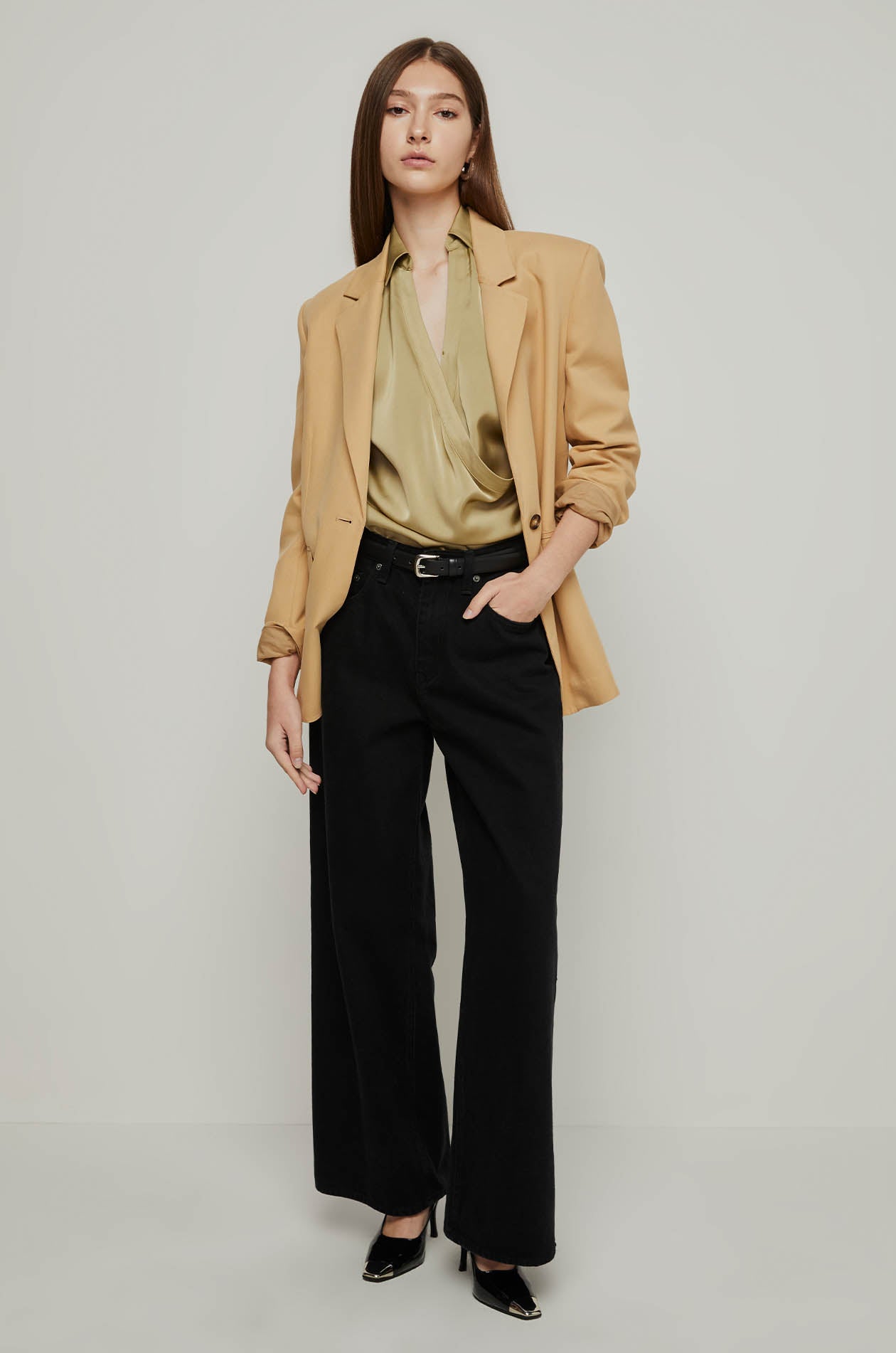 FRONT WRAP SATIN LONG SLEEVE BLOUSE