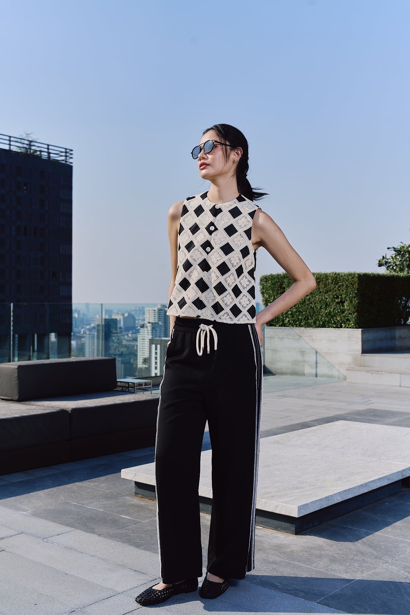 CHECK LACE OVERLAY BUTTON VEST