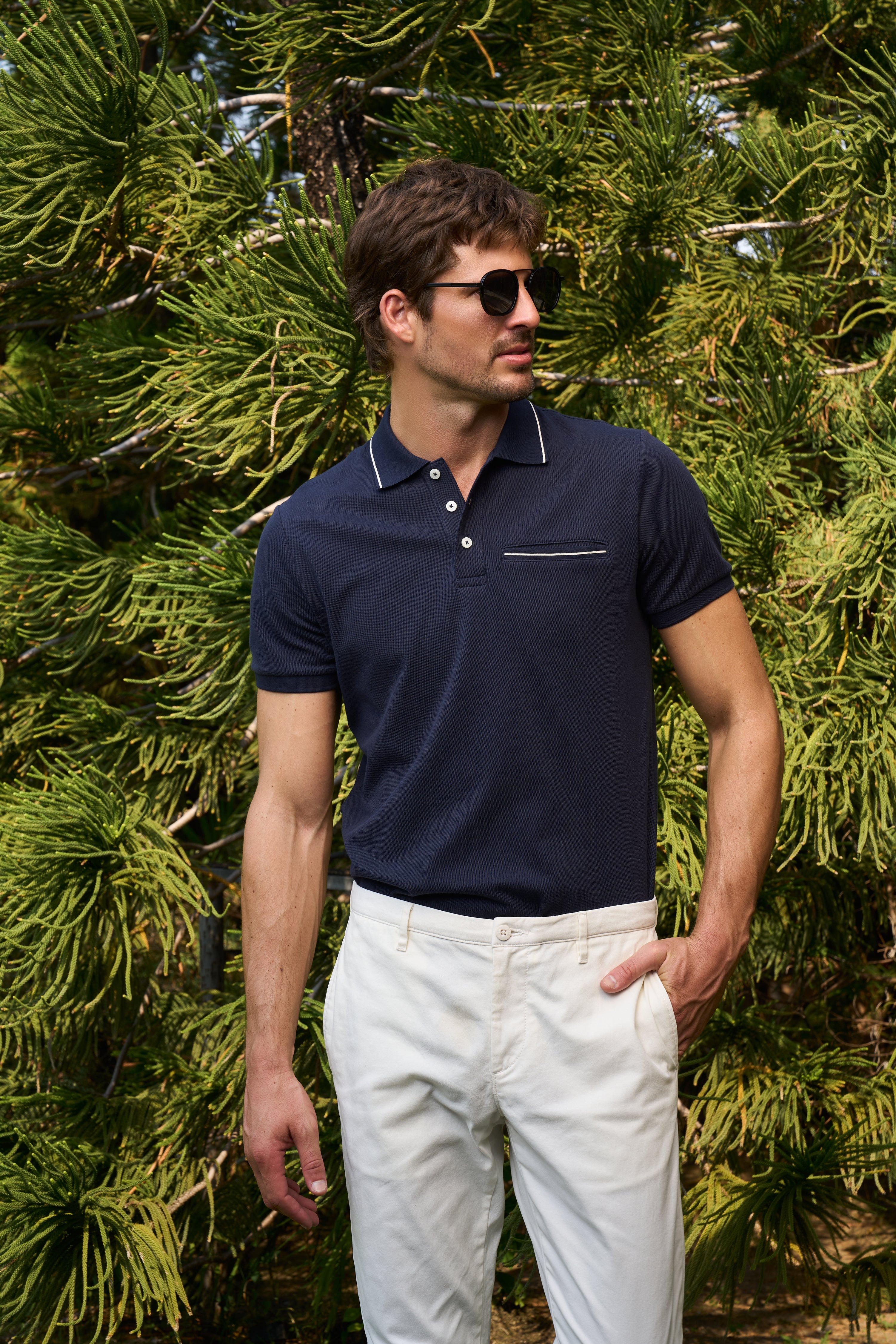 STRIPED TRIM COLLAR POLO SHIRTS