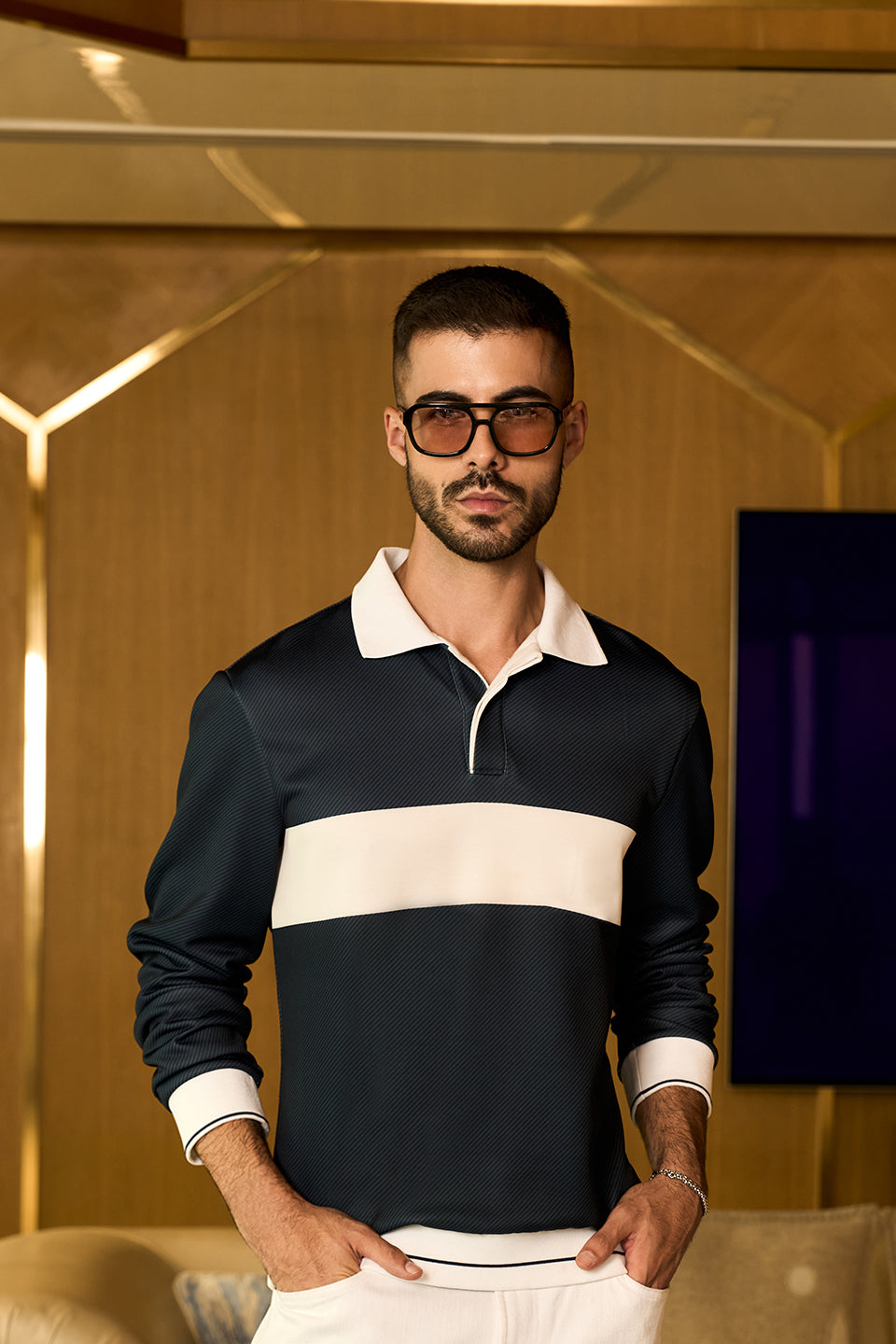 NAVY STRIPE PANEL LONG SLEEVE POLO